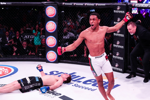 A.J. McKee celebrates a knockout of Dominic Mazzotta just 75 seconds into their bout at Bellator 178.