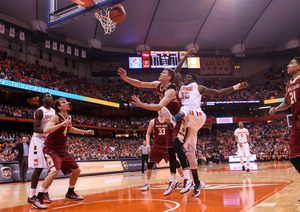 Chinonso Obokoh swats a John Cain Carney shot in the second half. More was asked of the sophomore with Rakeem Christmas in foul trouble, and the reserve big man delivered on the defensive end.