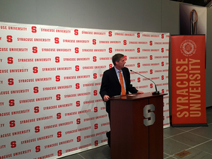 Mark Coyle addresses members of the media on Monday after the school announced his hire. He was one of 100 candidates at the start of the process in April.