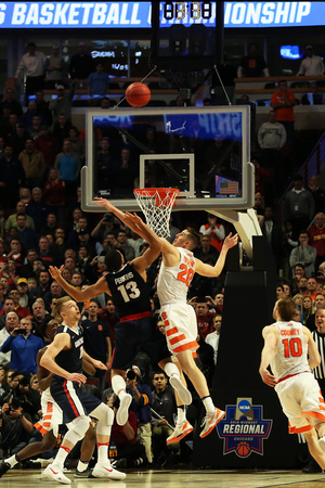 Tyler Lydon rejects Josh Perkins' shot with little time remaining on the clock. The block preserved what was a one-point Syracuse lead at the time. 