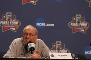 Jim Boeheim addresses the media in Houston before Syracuse plays North Carolina on Saturday night. Boeheim spoke for over a half hour on Friday.