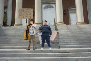 Students Rowan McGrath (left) and Eli Blodgett said transgender people will not be silenced by the Trump administration’s move to rollback federal recognition of their identities.