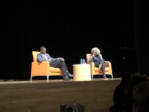 SU alumnus and Alpha Phi Alpha Fraternity Inc., brother, Roshad Meeks (left) talked with Angela Davis at the fraternity's annual “Truth Be Told” speaker series Tuesday night. 