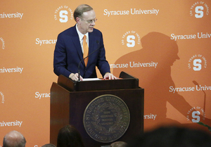 Syverud spent much of the speech addressing student demands following a string of hate crimes and bias-related incidents on campus. 