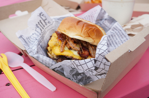 Loded restaurant sells double-patty smash burgers, fried chicken sandwiches, mac and cheese and fries with various toppings like fried pork belly, grilled shrimp and a fried egg.