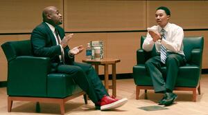 Steve Stoute (left) and Troy James discuss Stoutes versatile views on ethnicity and the advertising business Wednesday night in the Joyce A. Hergenhan Auditorium.