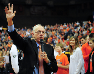 Jim Boeheim addresses the crowd during a postgame celebration.