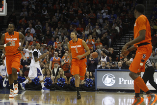 Michael Carter-Williams barks out instructions to his teammates against Seton Hall Saturday night.