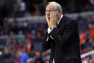 Head coach Jim Boeheim of the Syracuse Orange gasps late in the game against the Indiana Hoosiers.