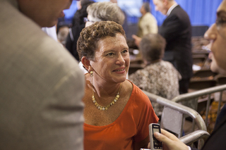 Chancellor Nancy Cantor attends President Barack Obama's speech inside Henninger High School.