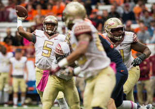 Winston raises his vision and targets O'Leary in a well-protected pocket. Winston finished the game 30-for-36 with three touchdowns and 317 yards. 