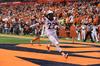 Edmunds waves his arms after an incompletion as Etta-Tawo whips his head around in the end zone. Etta-Tawo had his second worst receiving game, statistically, in the season. 